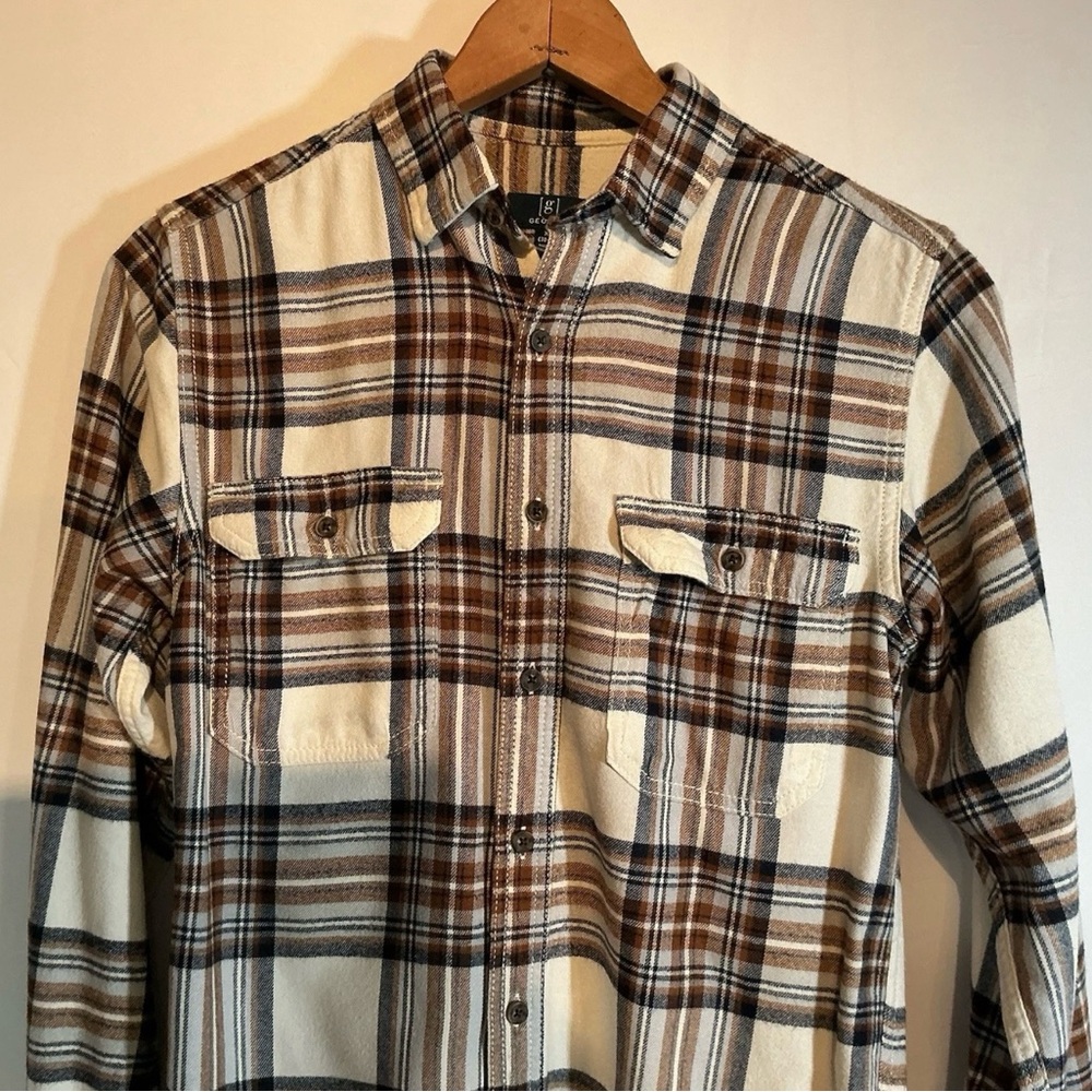 George Men's Button Down Shirt - Brown and White Plaid
